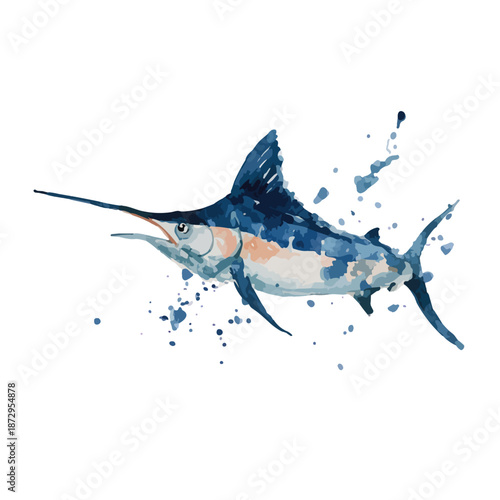 Dynamic Blue Marlin Watercolor Illustration with Splashes.