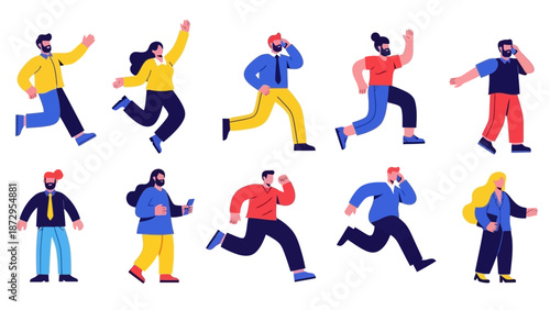 A collection of diverse cartoon characters in various dynamic poses, illustrating movement and activity, with some individuals engaged in phone conversations.