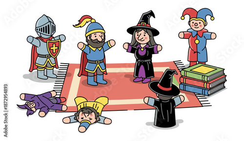 Hand Puppet Theater Set for Kids with Fantasy Characters.