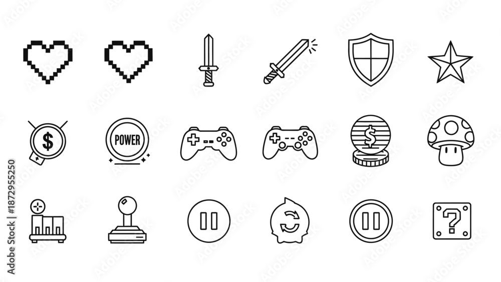 Fototapeta premium Retro Video Game Interface Icons Set Line Art.