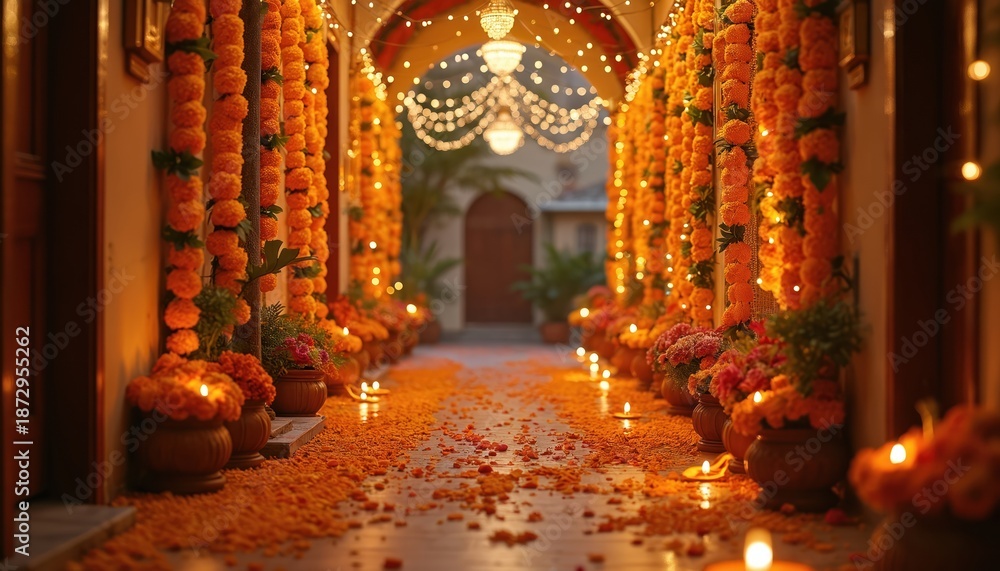 Fototapeta premium Beautiful Indian home corridor decorated with marigold flowers, bright string lights. Orange flower garlands hang along walls. Candles glow softly on floor scattered with petals. Creates festive