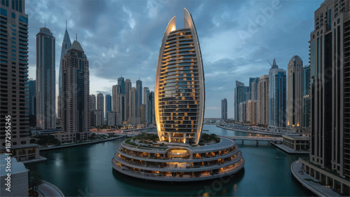 Modern cityscape with tall buildings and a large body of water at dusk