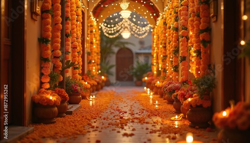 Wallpaper Mural Beautiful Indian home corridor decorated with marigold flowers, bright string lights. Orange flower garlands hang along walls. Candles glow softly on floor scattered with petals. Creates festive Torontodigital.ca