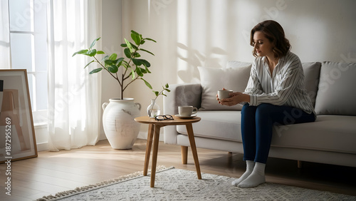 A woman sitting on a sofa enjoying a warm beverage in a bright room
