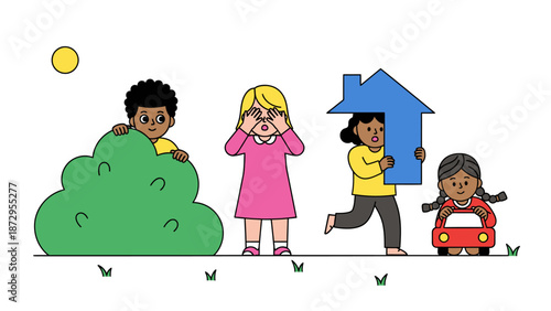 Diverse Children Playing Hide and Seek Outdoors Illustration.
