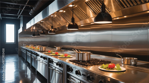 modern commercial kitchen with stainless steel equipment and cooking stations