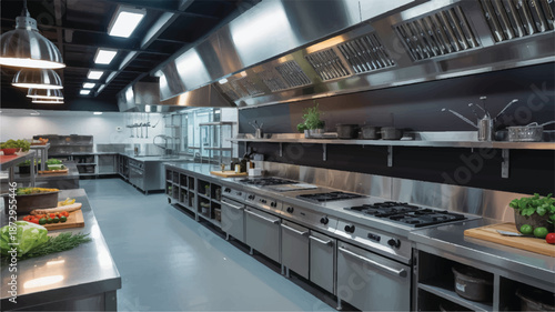 modern commercial kitchen with stainless steel equipment and food preparation