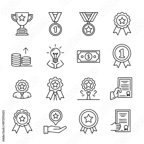 Employee Reward & Recognition Line Icons,employee reward icons, recognition program symbols, achievement badge line art, bonus system vector icons