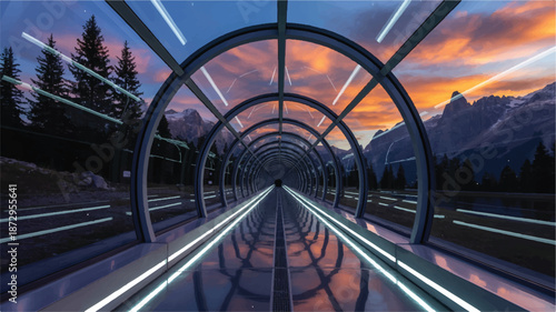 modern glass walkway tunnel with lights and mountain view at sunset