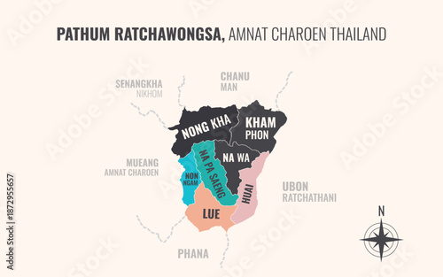 Map showing Pathum Ratchawongsa District Amnat Charoen Thailand divided into sub districts with minimalist colorful patterns