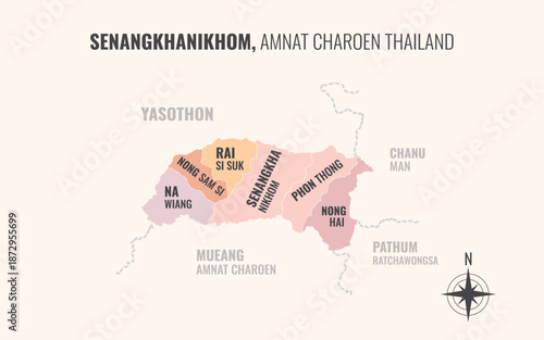 Map showing Senangkhanikhom District Amnat Charoen Thailand divided into sub districts with minimalist colorful patterns