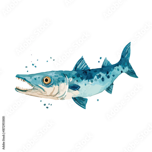 Dynamic Watercolor Barracuda Fish Illustration with Open Mouth.