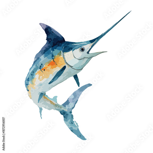 Dynamic Watercolor Marlin Fish Illustration.