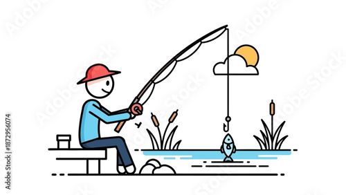 A fun cartoon vector illustration of a person and businessman character fishing on a lake or river as a drawing of people enjoying art
