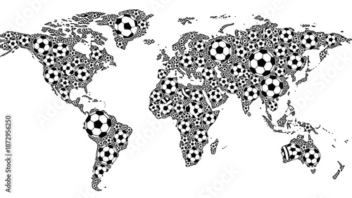 World of Football: A world map cleverly crafted from footballs, each representing a nation's passion for the beautiful game, symbolizing unity and global sportsmanship.