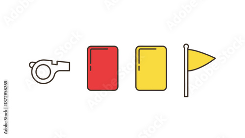 Soccer Referee Essentials: An essential collection featuring a whistle, red card, yellow card, and a sideline flag. These components create the structure for the rules. 