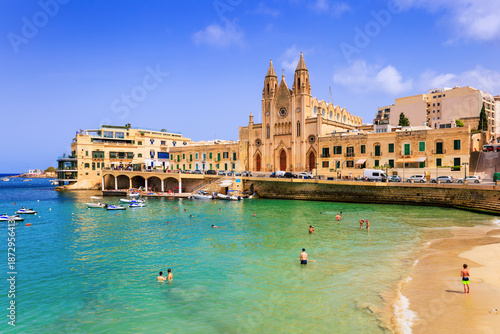 St. Julian's, Malta. Our Lady of Mount Carmel Church on Balluta Bay.