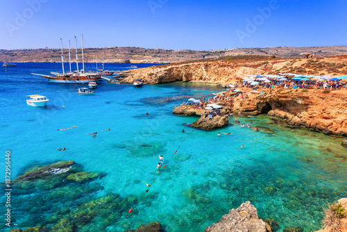 Comino Island, Malta - August 28, 2025: Blue lagoon and Gozo Island in the background.