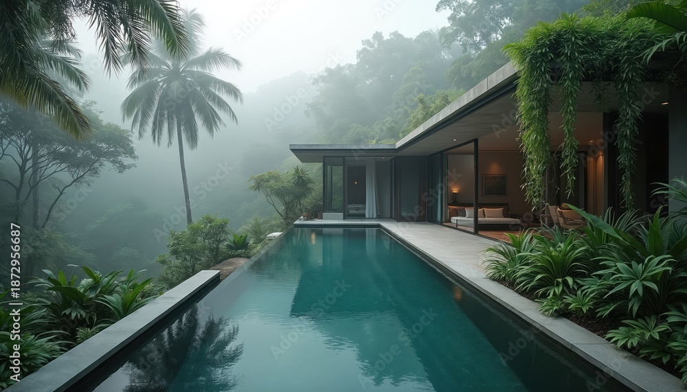 Fototapeta premium Luxurious villa features long pool surrounded by rich tropical plants. Modern architecture blends with nature creating serene escape. Misty jungle view provides tranquil atmosphere perfect for