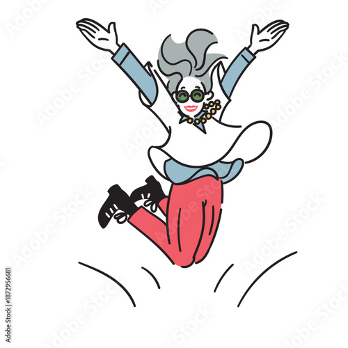 両手を上げて喜ぶ元気なアクティブシニア女性のイラスト