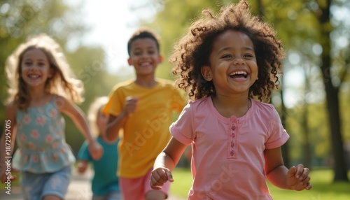 Wallpaper Mural Diverse group children run outside in park. Kids enjoy race. Smiling girls, boys play game together. Childhood friends play in summer, fun, express positive emotions. Concept childhood friendship. Torontodigital.ca