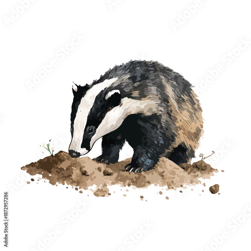 European Badger Wildlife Illustration Foraging on Ground.