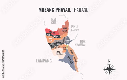 Map showing Mueang Phayao District Phayao Thailand divided into sub districts with minimalist colorful patterns
