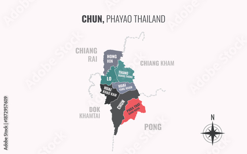 Map showing Chun District Phayao Thailand divided into sub districts with minimalist colorful patterns