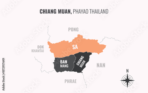 Map showing Chiang Muan District Phayao Thailand divided into sub districts with minimalist colorful patterns