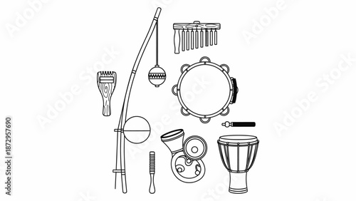 Set of traditional percussion musical instruments illustration in black and white line art.