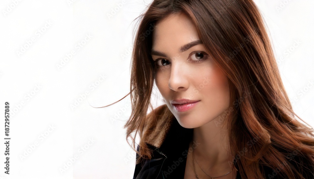 Naklejka premium Portrait of a beautiful woman with long brown hair against white background.