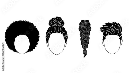 Set of Diverse Haircuts and Hairstyles Silhouettes Vector.