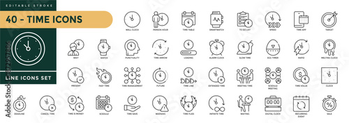 A collection of Time icons set with editable stroke, including wall clock, person hour, time table, smartwatch, time arraw, loading, timeline, future, speed, rapid. Thin linear vector illustration