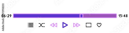 Clean and modern media player interface in flat design on a white background. Minimal UI for audio and video player applications, streaming services, and digital products