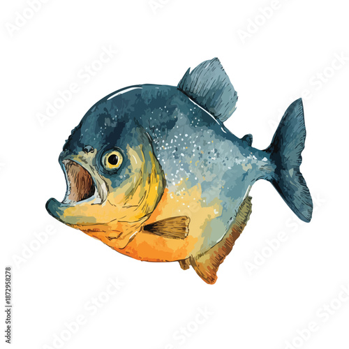 Fierce Piranha Fish Watercolor Illustration Aggressive Pose.