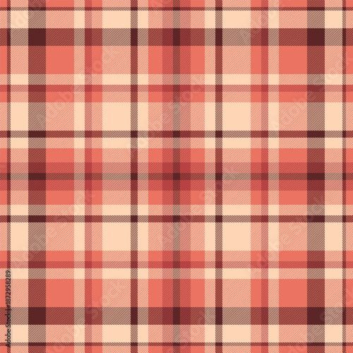 Overlayed texture background fabric, display vector check textile. Tribal pattern tartan seamless plaid in red and peach puff colors.