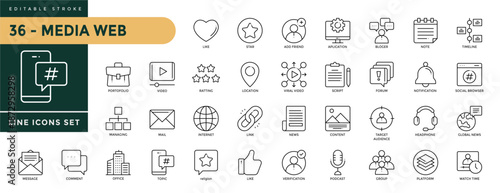 A collection of Media Web icons set with editable stroke, including like, star, add friend, application, location, script, news, topic, mail, video, link comment, mess. Thin linear vector illustration