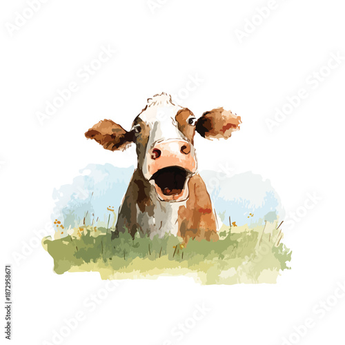 Funny Watercolor Cow Illustration in Green Field.