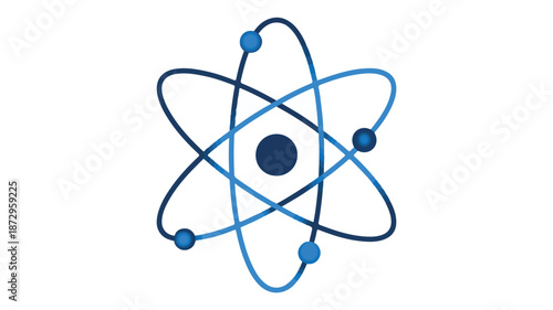 Blue atom symbol white background isolated