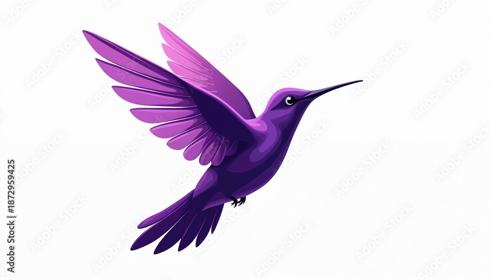 Obraz premium Artwork presents purple hummingbird flying on white background. Symbol used for nature conservation environmental campaign. Bird represents freedom, beauty, swiftness. Graphic suitable for logo, icon
