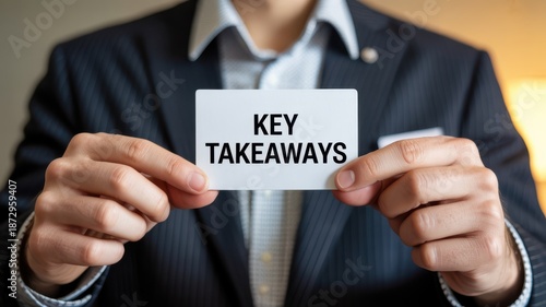 A business professional is presenting a white card with the text key takeaways clearly displayed suggesting important information