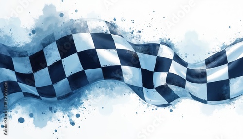 Checkered flag illustration graphic art style design. Represents speed motion win victory in car racing competition. Blue black and white banner racecar motorsport event celebration background.