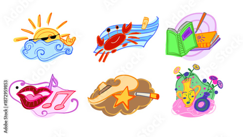 Collection of colorful stickers, badges in cartoon, kid style with many topics illustration isolated from background in vector art