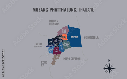 Map showing Mueang Phatthalung District Phatthalung Thailand divided into sub districts with minimalist colorful patterns