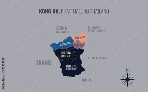 Map showing Kong Ra District Phatthalung Thailand divided into sub districts with minimalist colorful patterns