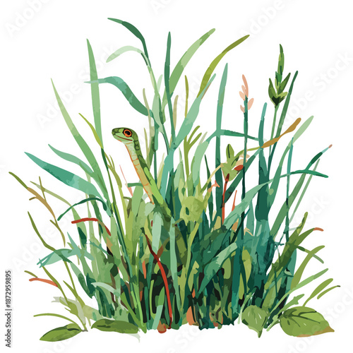 Green Snake Hiding in Lush Grass Watercolor Nature Wildlife Illustration.