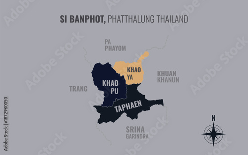 Map showing Si Banphot District Phatthalung Thailand divided into sub districts with minimalist colorful patterns