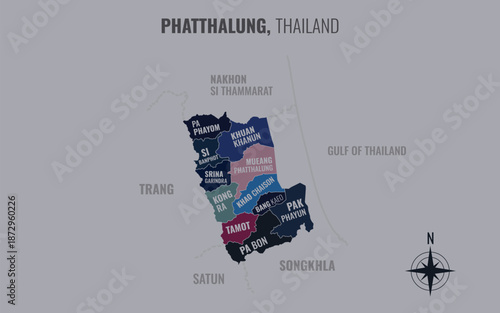 A map showing Phatthalung Thailand divided into districts in a minimalist colorful style