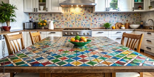 A vibrant and patterned kitchen table set with a bowl of fresh fruit invites a gathering in a bright, modern home.