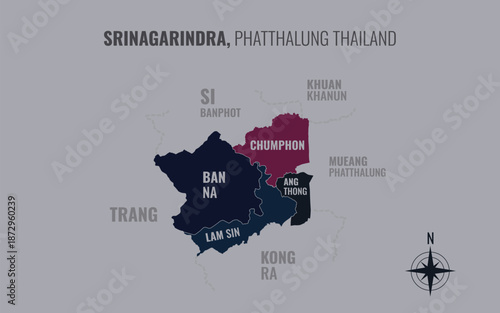 Map showing Srinagarindra District Phatthalung Thailand divided into sub districts with minimalist colorful patterns